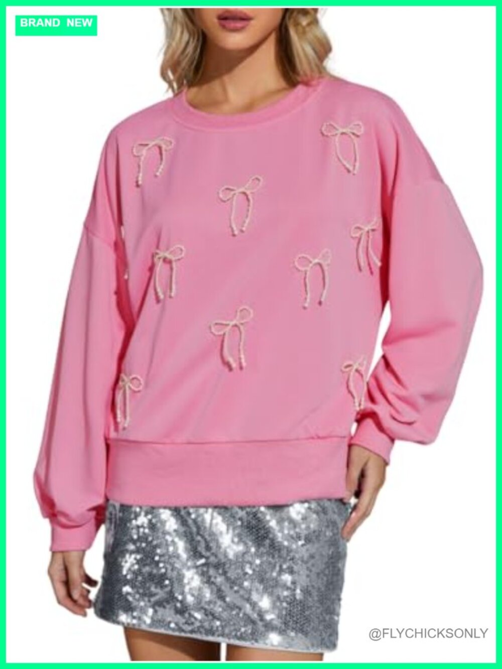 Pearl Bow Crewneck Sweatshirt Drop Shoulder Pullover Fall Winter
